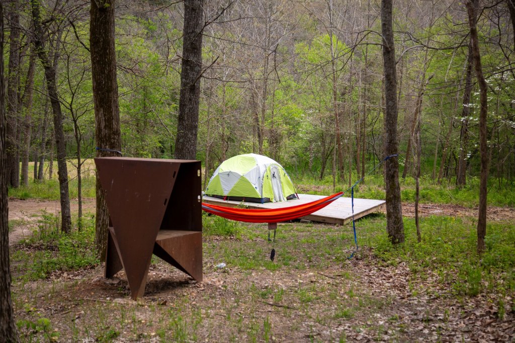 green camping tent on a wooden platform in a secluded campsite in the woods at Coler