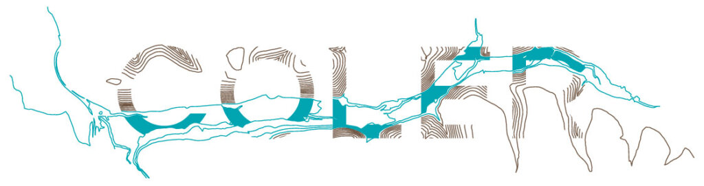Coler Mountain Bike Preserve logo (topographic text with blue water-like illustration overlain)