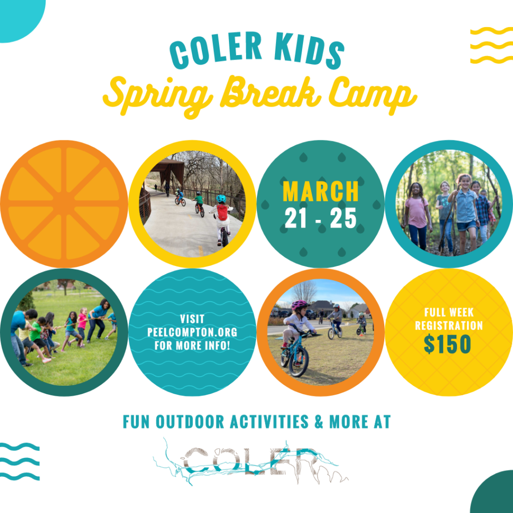 Photos of kids riding bikes and playing yard games over a white background under the heading "Coler Kids Spring Break Camps" written in blue and yellow text.