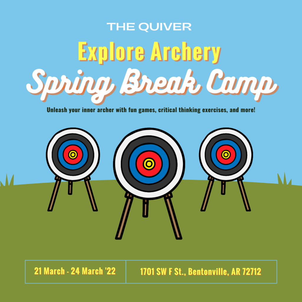 A graphic featuring archery targets on a grassy range with blue sky above. Text reads "Explore Archery Spring Break Camp"