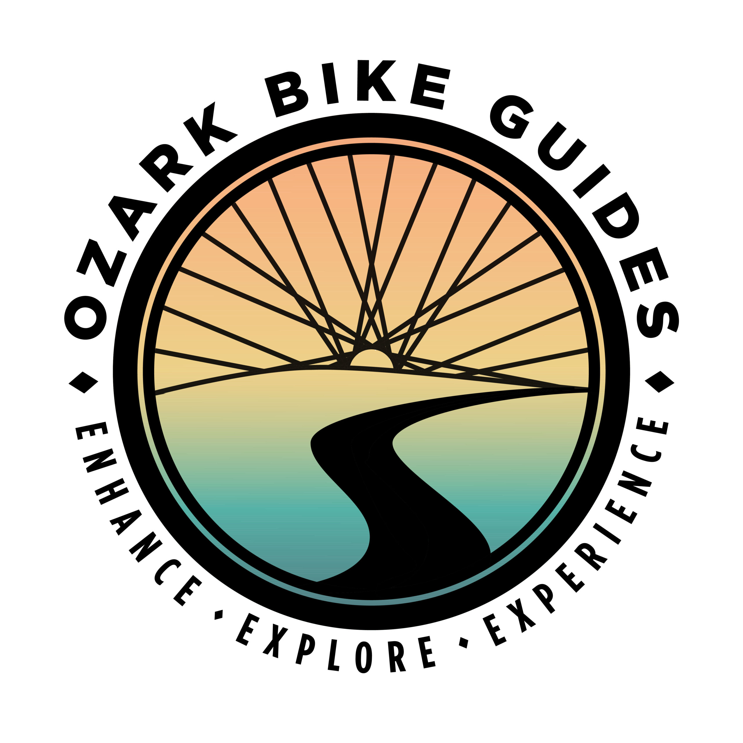 Ozark Bike Guides Logo (features Ozark Bike Guides in black letters circling the top of a bike wheel with a rainbow colored landscape in the center)