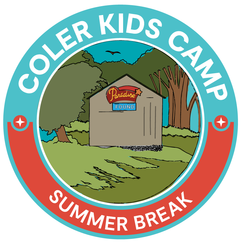 Blue and Red badge with the words "Coler Kids Camp - Summer Break" written around it in white. Sketched drawing of the Homestead at Coler in the middle