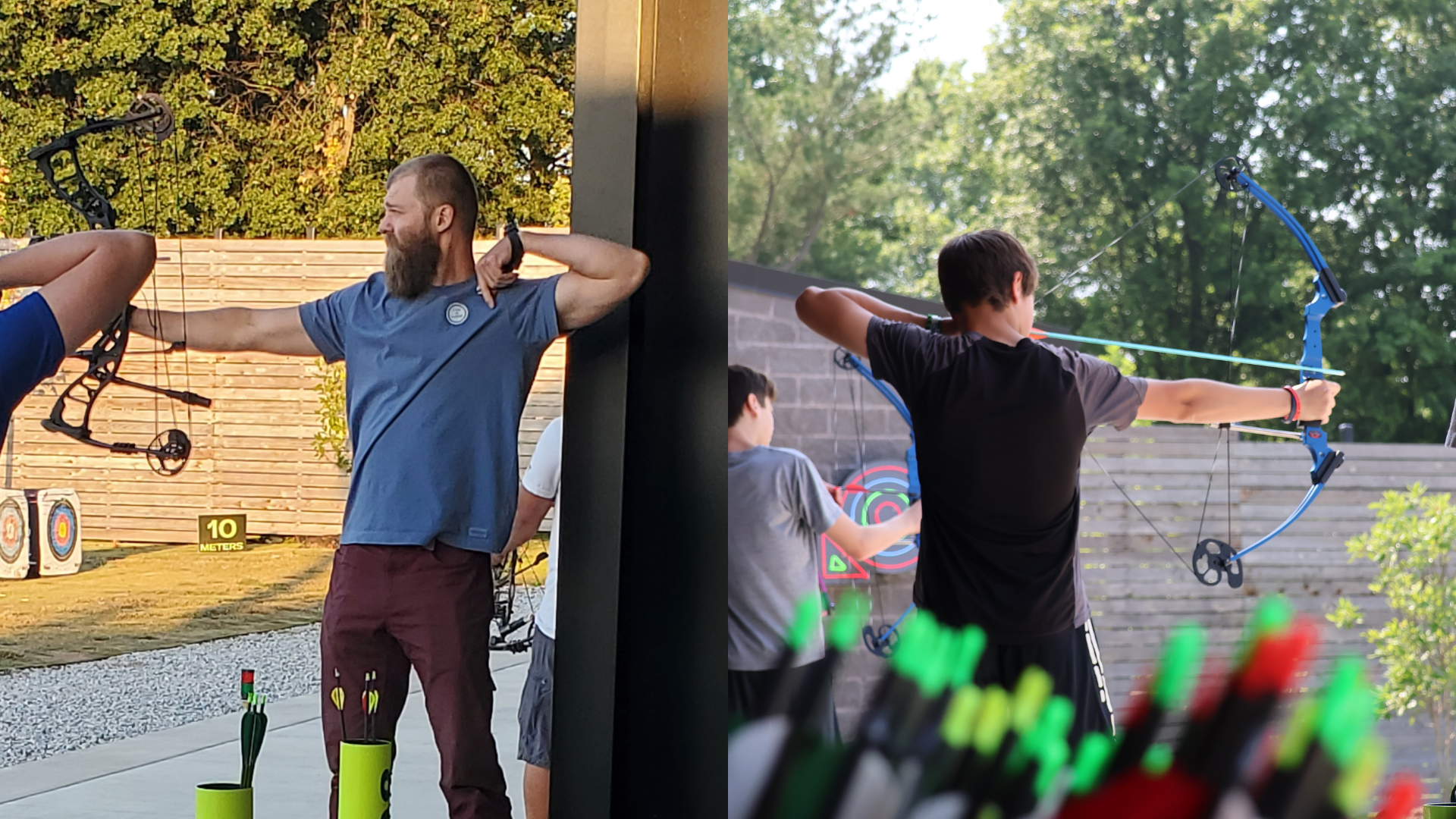 two men drawing bow and arrows in different directions at The Quiver Archery Range