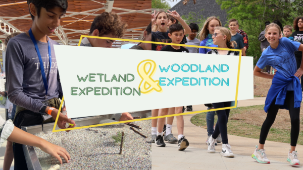 Photos of students learning at Osage Park and Coler Mountain Bike Preserve with the words "Wetland Expedition" and "Woodland Expedition" overlain.