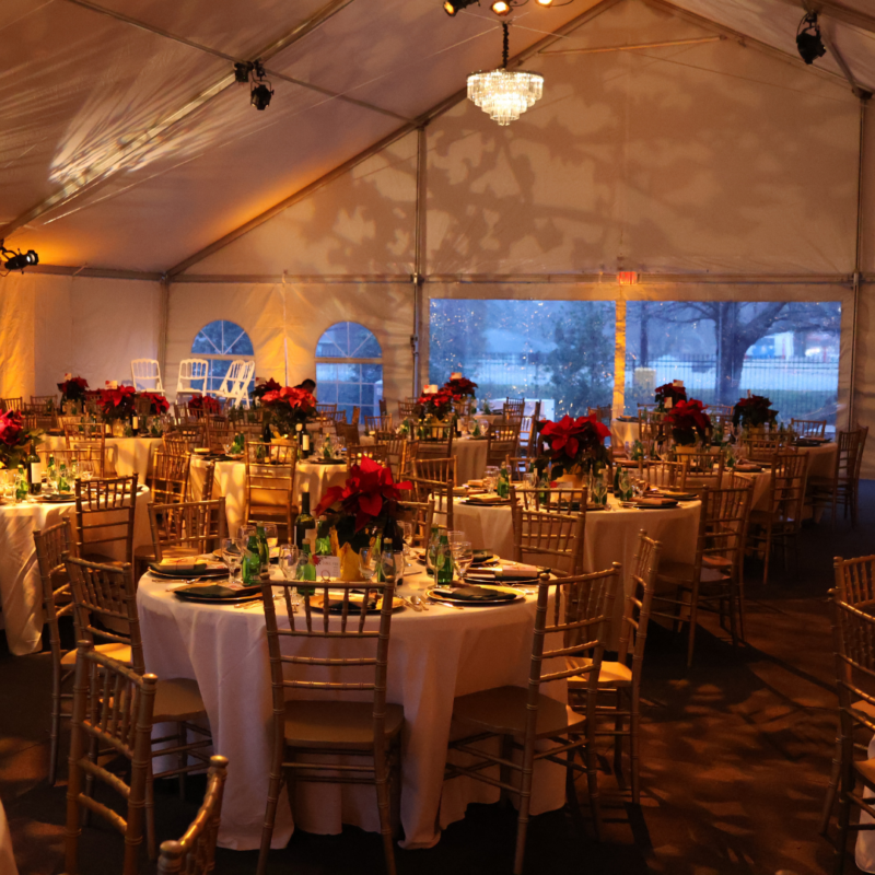 Christmas at Peel Museum in Bentonville Arkansas Fundraising Event for Non Profit Peel Compton Foundation gold tables inside a tent with poinsettia flowers on the tables and charger plates