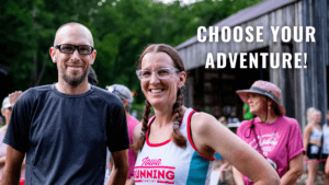 People smiling outside in front of barn with the words "Choose Your Adventure" overlain in white