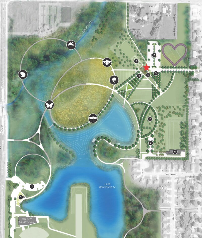 Map of Osage Park located in Bentonville Arkansas with a lot of water near the middle and boardwalks surrounding it