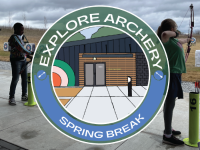 Explore Archery logo with an image of the Quiver Archery Range in a center badge - behind the graphic design is a group of teens learning archery at an outdoor archery range while holding on to bows