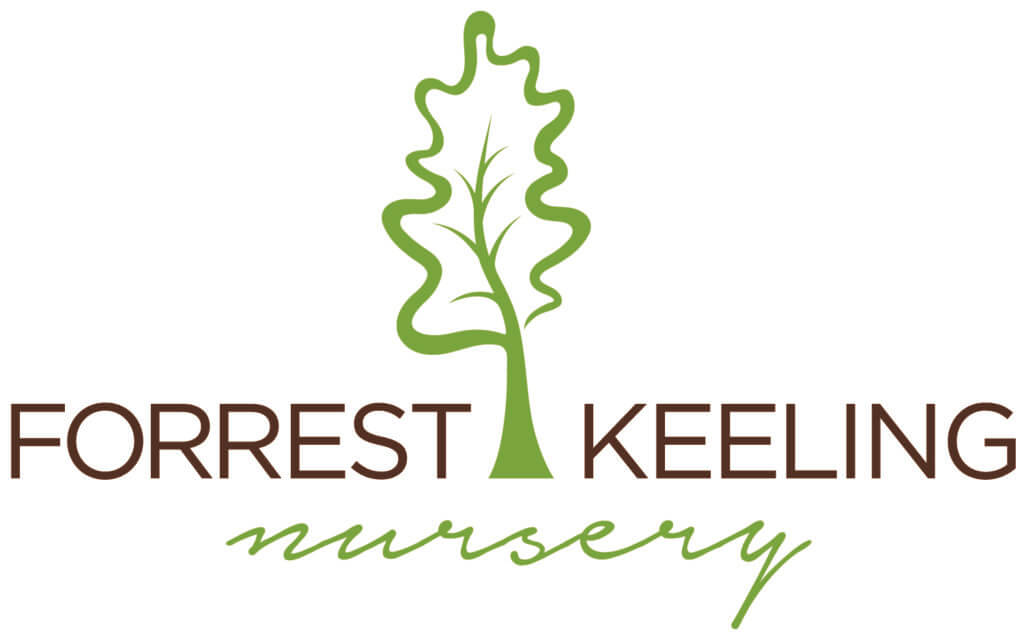 Forrest keeling Nursery Logo (brown and green text with a green leaf in the center)