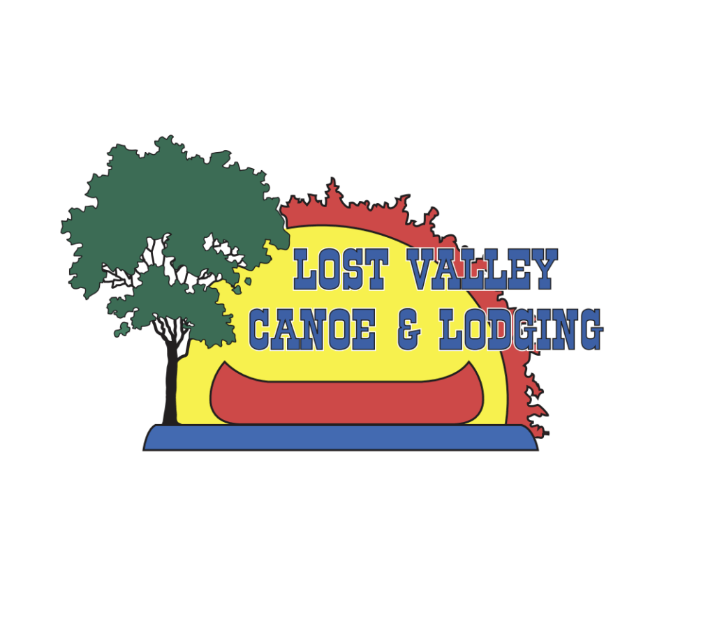 Lost Valley Canoe & Lodging Logo (red canoe beside a tree with a sun in the background)