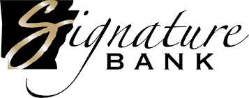 signature bank arkansas logo (cursive letters with a big gold "S" overlain on a black state of Arkansas)